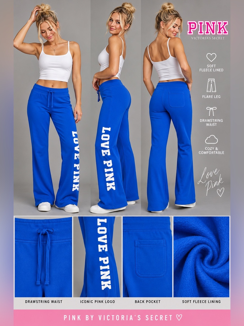 PINK Victoria’s Secret Royal Blue Flare Leg Fleece Sweatpants Large 32” Inseam
